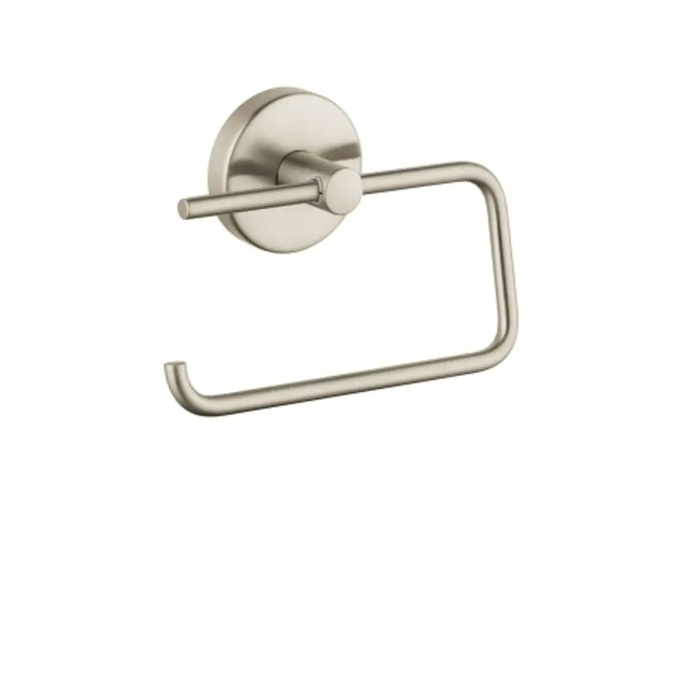 Toilettenpapierhalter aus gebürstetem Nickel von Hansgrohe, an einer runden Wandhalterung montiert, mit einem offenen, eckigen Design.